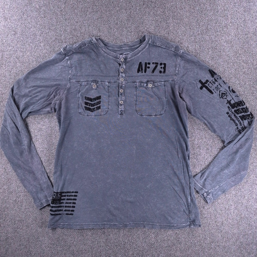 Affliction Mens Gray Long Sleeve Henley Shirt Lost Souls Graphic Flocked Size M